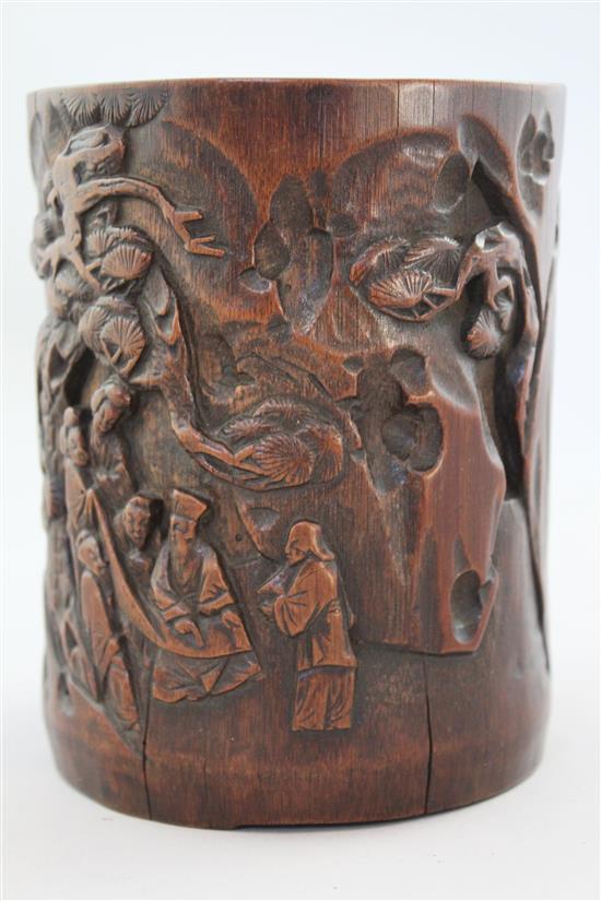 A Chinese bamboo brush pot, 17th / 18th century, 13.5cm, slight old worm damage